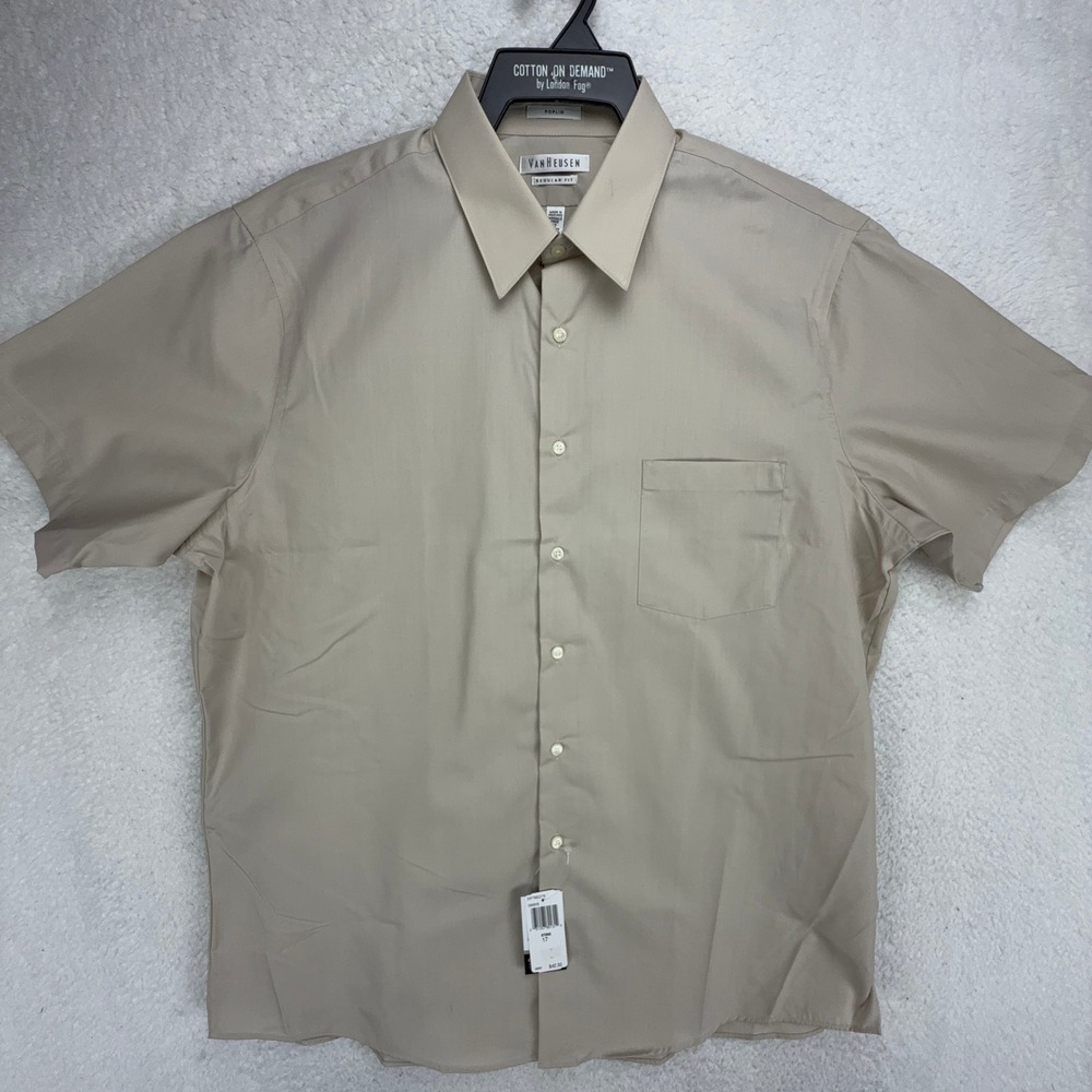 Van Heusen Men 17 Short Sleeve Poplin Dress Shirt Regular Fit Stone Wrinkle Free